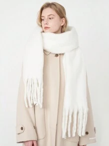 冰淇淋色調白色保暖圍巾,適合冬天的女性,超大蓬鬆圍巾適用於冬季聖誕節 - 白色 - 查看 3