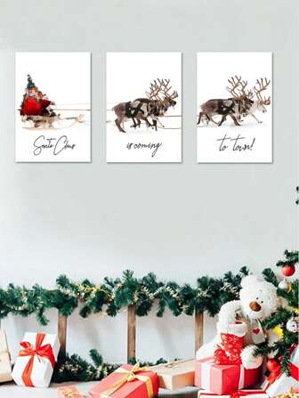 3pcs Canvas Painting, Christmas Gifts For Bedroom Wall Art, Unframed Set Of 3 Santa Claus And Deer Spray Paintings For Living Room Decor Home Decor Christmas Decorations