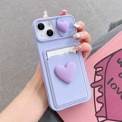 Funda de teléfono con tarjetero y marco de fotos de doble corazón deslizante transparente, compatible con Apple iPhone, estilo Y2K