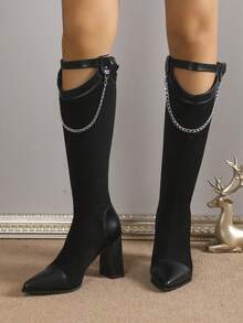 女士超過膝高跟靴,秋冬新品,尖頭粗跟,金屬皮帶扣,多功能高筒靴 - 黑色 - 查看 3