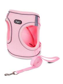 Supet 1set Small Dog Reflective Harness And Leash, Easy To Wear, Suitable For Indoor And Outdoor Use - Pink - View 8