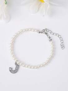 1條時尚銀色鍍白珍珠串珠鑲鑽石26個字母手鍊,適合女士禮物 - 珍珠 - 查看 18