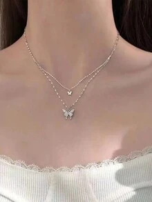 1pc Women's Double Layer Butterfly Silver Luxurious Fashionable Necklace Collarbone Chain, Gift For New Year, Suitable For Couples, Wedding, High-end Party, Daily Life - Silver - View 3