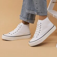 Unisex Couple Simple & Fashionable Basic White High-Top Canvas Shoes With Flat Soles