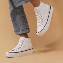 Unisex Couple Simple & Fashionable Basic White High-Top Canvas Shoes With Flat Soles