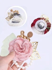 1pc Luxury Bridal Wedding Pearl Necklace Wrist Flower With Pink Ribbon, Gold Leaf & Artificial Flowers. Perfect For Bridesmaids, Wedding Decorations, Photography Props - Pink - View 2