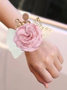 1pc Luxury Bridal Wedding Pearl Necklace Wrist Flower With Pink Ribbon, Gold Leaf & Artificial Flowers. Perfect For Bridesmaids, Wedding Decorations, Photography Props - Pink - View 1