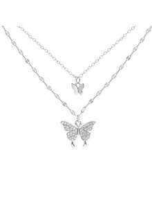 1pc Women's Double Layer Butterfly Silver Luxurious Fashionable Necklace Collarbone Chain, Gift For New Year, Suitable For Couples, Wedding, High-end Party, Daily Life - Silver - View 1