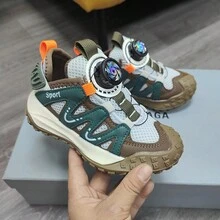1雙兒童拼色pu防滑軟底運動鞋,方便旋轉扣,適合春秋 - 卡其色 - 查看 4