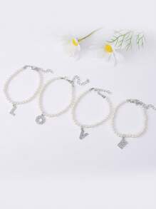 1條時尚銀色鍍白珍珠串珠鑲鑽石26個字母手鍊,適合女士禮物 - 珍珠 - 查看 2