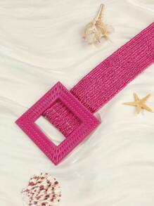 1pc Beach Style Pink Woven Elastic Belt With Square Buckle - Hot Pink - View 3