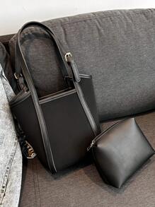 Women's Classic Solid Color Woven Detail Handbag 2Pcs Set Shoulder Bag And Clutch Bag, Minimalist Lightweight Large Capacity Tote Bag For Daily Office Work And Travel, Fashion Hobo Bag PU Leather Top Handle Commuting Bag Retro Bucket Bags
