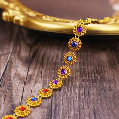 ZNZAKKA 1Yard Round Rhinestone Chain Sewing Lace Golden Trim Cake Headdress Bracelet Wedding Dress DIY Sewing Decoration