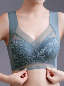 5pcs Women's Contrast Lace Seamless & Wirefree Bra With Padding, Lingerie