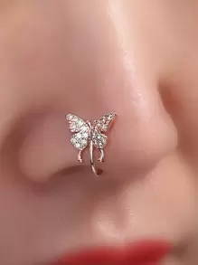 Nooxian 1 pieza Anillo falso de nariz con mariposa, cobre y circonita cúbica - Oro rosa - Ver 7