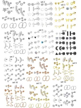 Juego de 20 piezas de pendientes con arete de acero inoxidable para mujer, diseños de estrella, luna, flor, corazón, hoja y ópalo, de 16G o 20G para cartílago, hipoalergénicos con base plana, joyería de perforación para el Día de San Valentín