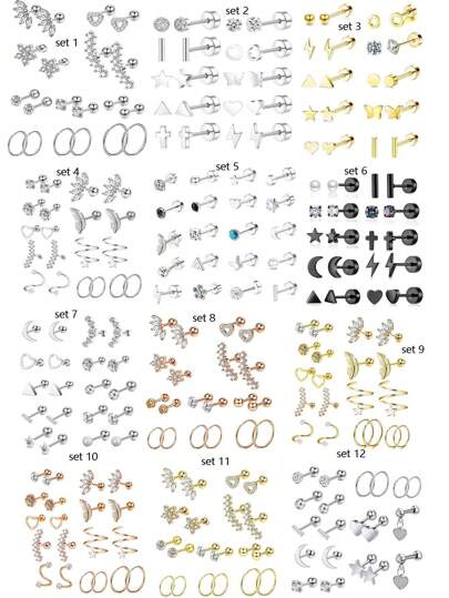 20pcs Stainless Steel Stud Earrings Set For Women Star Moon Flower Heart Leaf Opal 16G Or 20G Cartilage Earrings Hypoallergenic Flatback Earrings Piercing Jewelry Valentines