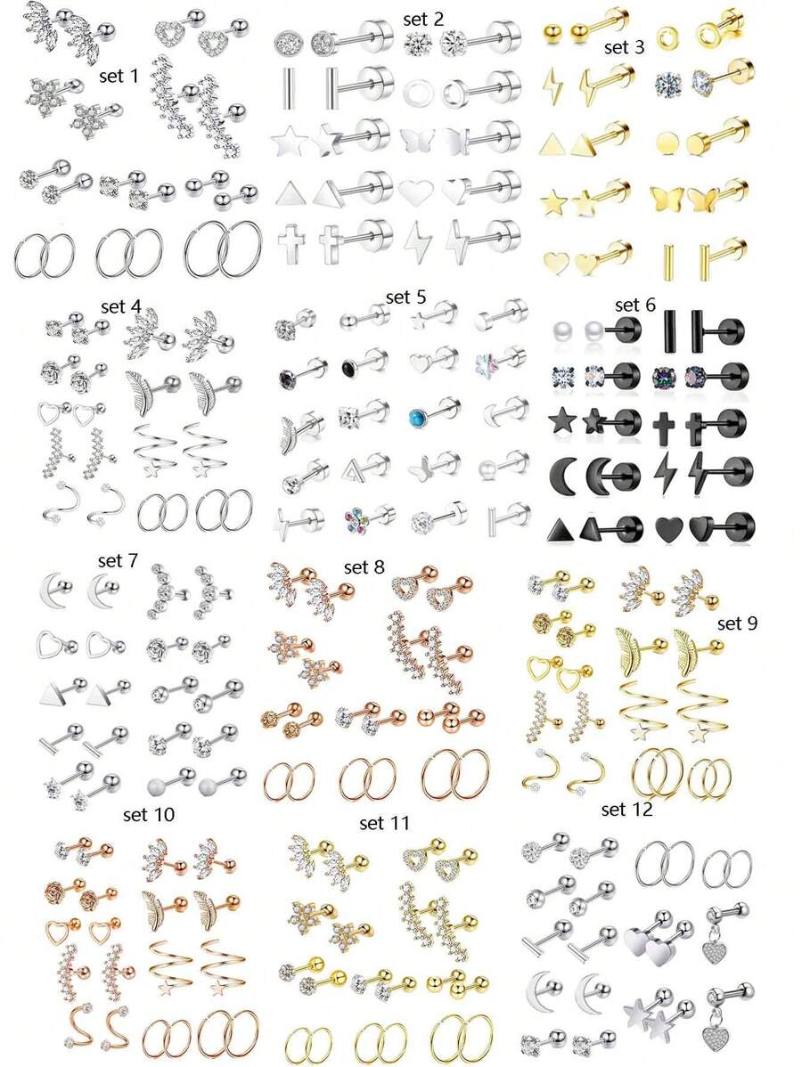 20pcs Stainless Steel Stud Earrings Set For Women Star Moon Flower Heart Leaf Opal 16G Or 20G Cartilage Earrings Hypoallergenic Flatback Earrings Piercing Jewelry Valentines - Ear Stud - View 1