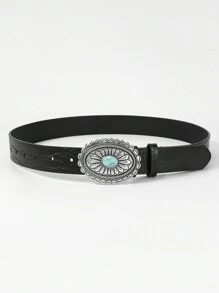 1 pieza Cinturón de mujer estilo bohemio con hebilla de flor tallada en plata vintage y monje, para jeans o vestidos, verano, escuela, otoño, Halloween