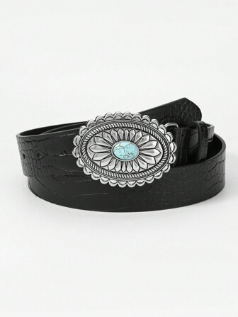 1 pieza Cinturón de mujer estilo bohemio con hebilla de flor tallada en plata vintage y monje, para jeans o vestidos, verano, escuela, otoño, Halloween