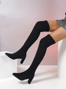 黑色經典高跟過膝靴 - 黑色 - 查看 3
