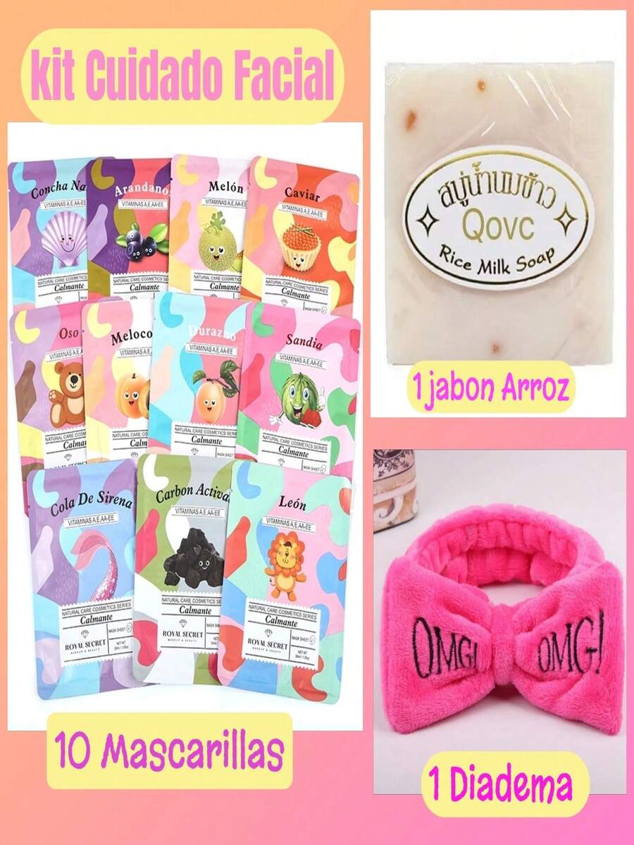 Kit Cuidado Facial Jabon de Arroz Aclarante + 10 Mascarillas kwaii Organicas Faciales+ 1 Diadema Spa Sujeta Cabello - Multicolor - Ver 1