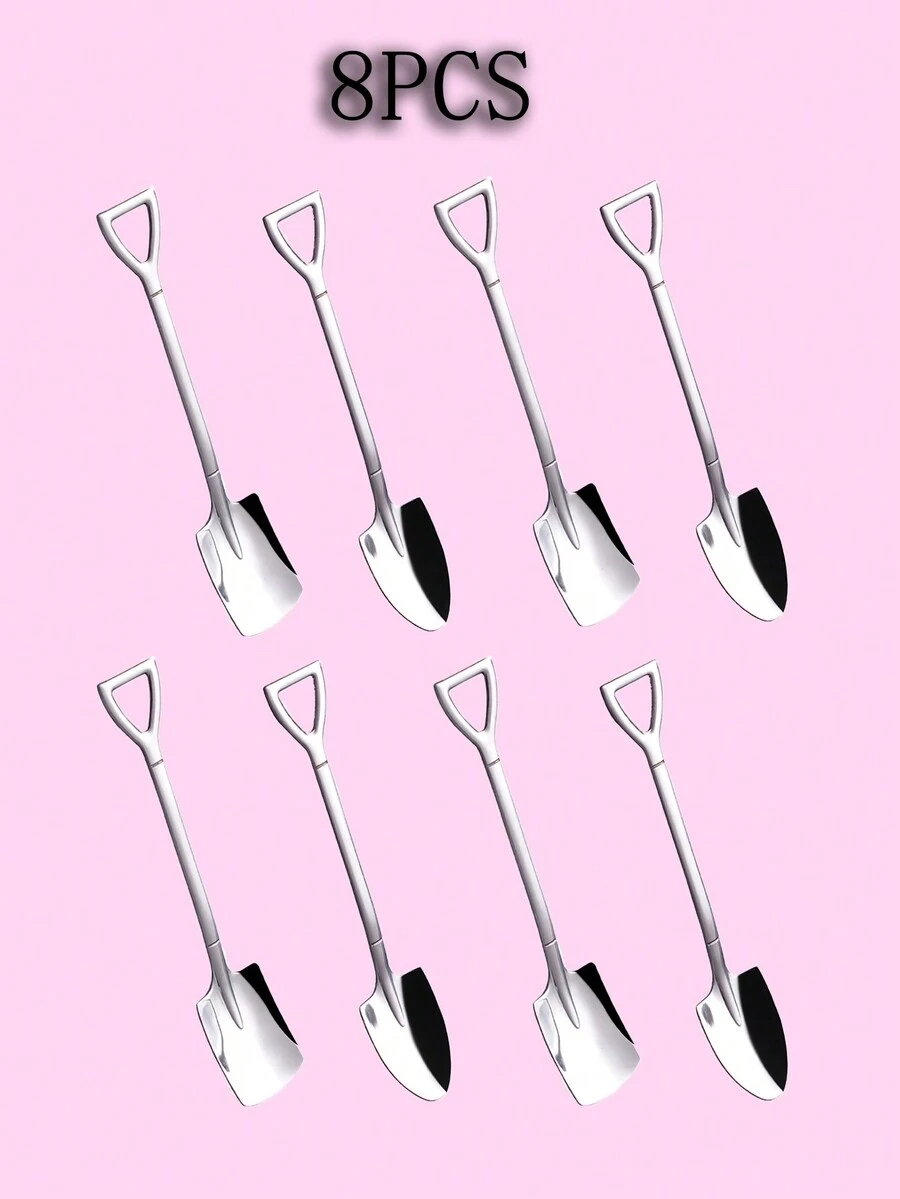 8pcs/set Stainless Steel Ice Cream Spoon, Fruit Scoops, Dessert Spoons, Retro Tableware - Silver - View 1