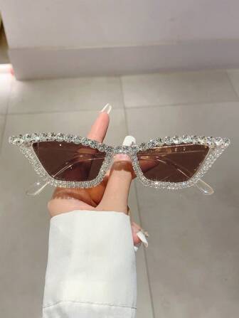 1 pieza Gafas de moda de ojo de gato color champán con decoración de cristales, gafas de lujo de alta gama, accesorios de fiesta, playa y vacaciones para mujeres, básicas para outfits de mujer de estilo preppy para volver al colegio, casual de negocios, verano, vacaciones y al aire libre