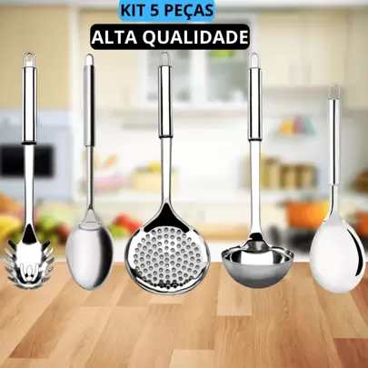 Kit Utensílios Para Cozinha 5 Peças Aço Inox Colher De Arroz Escumadeira Concha