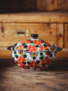 Creative & Cute Red Flora Pattern Ceramic Baking Bowl With Double Ears And Lid, Small Steamed Egg & Pudding Bowl For Baking, Stewing & Dessert, Anti-Scalding, Microwave Friendly Small Bowl For Child, Kitchen - Red - View 1