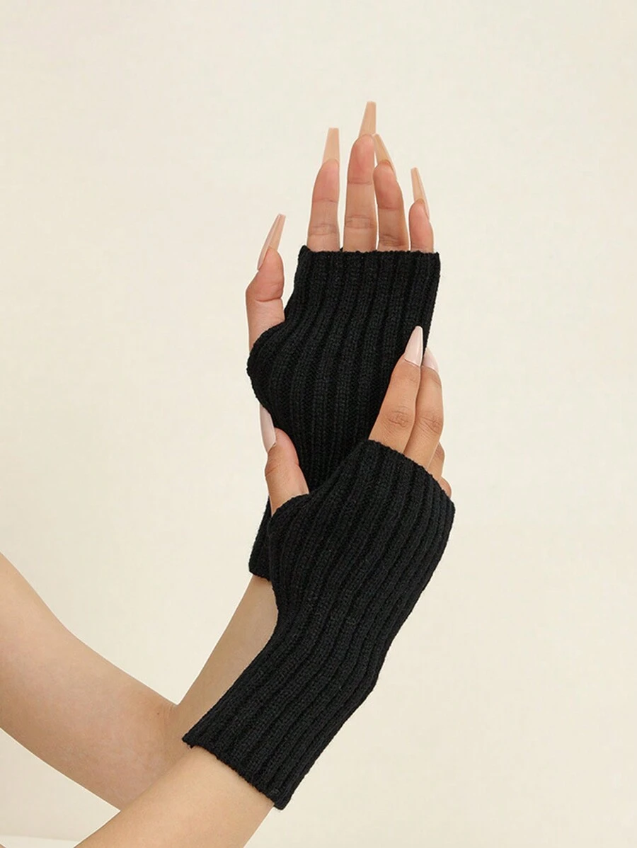 2pcs新款半指針織手套春季保暖純色手套女露指學生全配手套