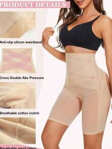 1pc Women's Seasonless Body Shaping Pants Made Of Nylon Material With Breathable Mesh Design Comfortable For Inner Wearing, Cross Compression For Tummy Control & Butt Lifting - Apricot - View 2