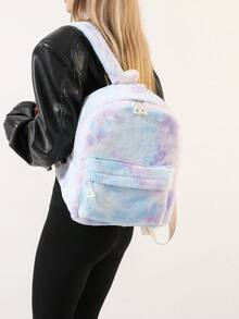 3件套可爱保暖冬季柔软毛绒女式背包+手提包+化妆包，送朋友礼物，适合旅行、商务、返校、日常穿着 - 彩色 - 查看 2