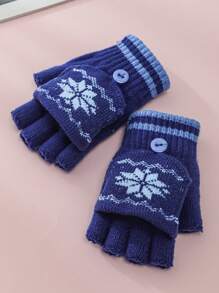 1pair Knitted Woolen Fingerless Gloves For Both Men And Women In Autumn And Winter, With Flap Cover For Warmth And Writing While Cycling - Navy Blue - View 4