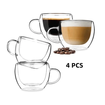 4er-Pack Kaffeebecher, Doppelwandiges Glas, 150 ml Glas Kaffeebecher für Espresso, Latte, Cappuccino, Getränke Schulbedarf Schulanfang