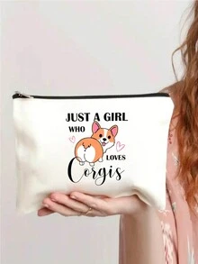 Just A Girl Who Loves Corgis Letter Print Storage Bag Christmas Halloween Thanksgiving Print Cosmetic Bag Multifunctional Travel Bag Toiletries Bag For Teachers, Friends, Mom, Sisters, Grandma Lipstick Box Bag, Portable Storage For Slouchy People, Portable Travel Toiletries Storage Bag, Wallet Pen Bag, School Pen Bag, Stationery Bag - Beige - View 2
