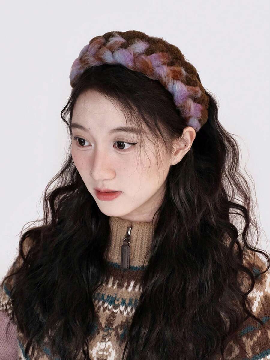 1 件波西米亚风格冬季厚针织宽边头带内衬保暖 - 紫色 - 查看 1