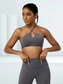 Women's Cross Back Removable Padded Sports Bra For Fitness, Yoga, Pilates - Grey - View 4
