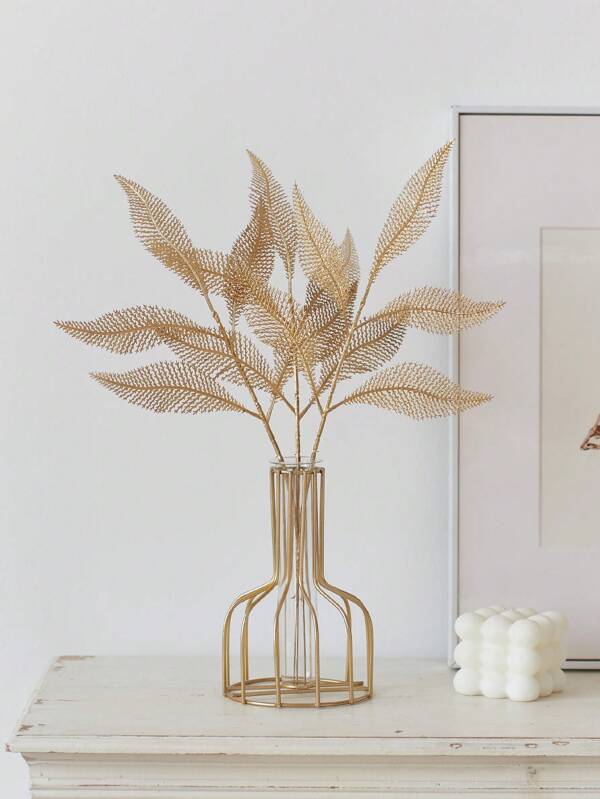 2pcs Artificial Gold Glitter Leaf Fake Plants Golden Plastic Feather Faux Reed Plant Bushes For Indoor Outdoor Party Wedding Table DIY Decor, Valentine Day, Gift Gifts Birthday Graduation