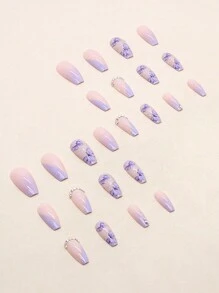 24入組芭蕾風格中長款閃亮鑽石冰淇淋紫蝴蝶和法式公主主題指甲貼紙套裝,包括1個果凍膠和1個指甲文件 - 彩色 - 查看 3