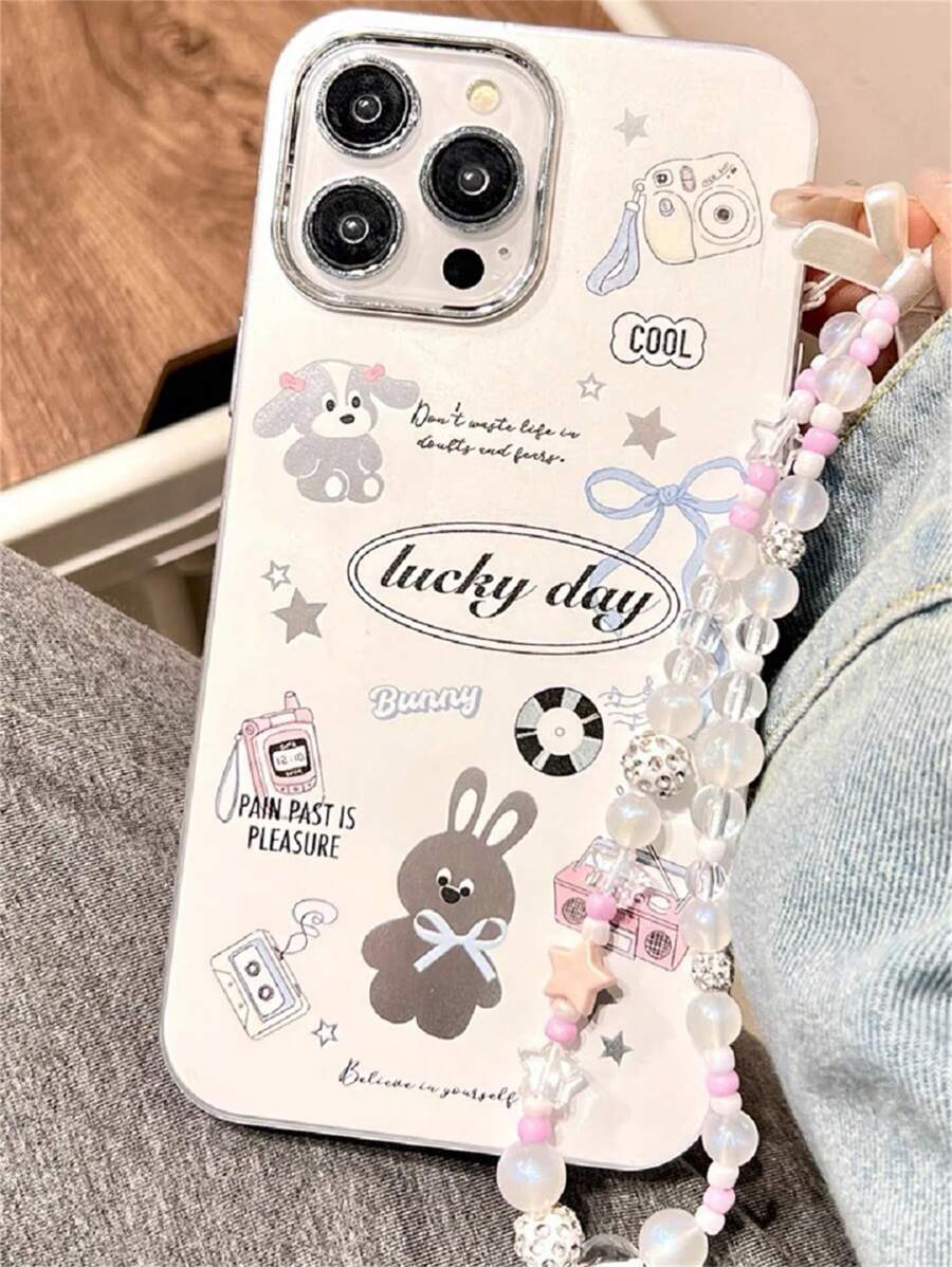 Cartoon Cute Rabbit Design Phone Case With Strap, Compatible With Iphone 14 Pro Max/13 Pro Max/12/11, Sweet And Cool Style Compatible With iPhone15/15Plus/15Pro/15Promax - White - View 1