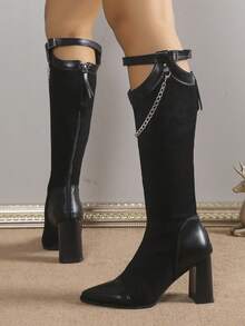 女士超過膝高跟靴,秋冬新品,尖頭粗跟,金屬皮帶扣,多功能高筒靴 - 黑色 - 查看 5