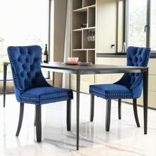 4 Piece Set Velvet Upholstered Dining Chairs, Wingback Side Chairs Button Tufted With Solid Wood Legs For Kitchen,Dining Room. - 藍色 - 查看 5