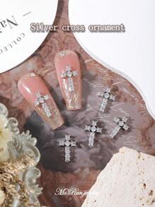 6pcs/pack European And American Style Luxury Cross Shaped Nail Art Decoration With Y2k Metallic And Gothic Design - Silver - View 1