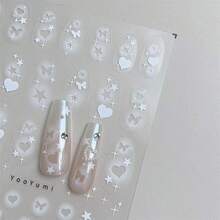 1pc 5D White Hollow Series Nail Art Stickers Heart Butterfly Star Nail Decorations Decals DIY Manicure Supplies Accessories - White - View 4