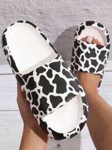 女式奶牛圖案拖鞋,厚底,防滑,適用於室內或室外使用 - 白色 - 查看 1