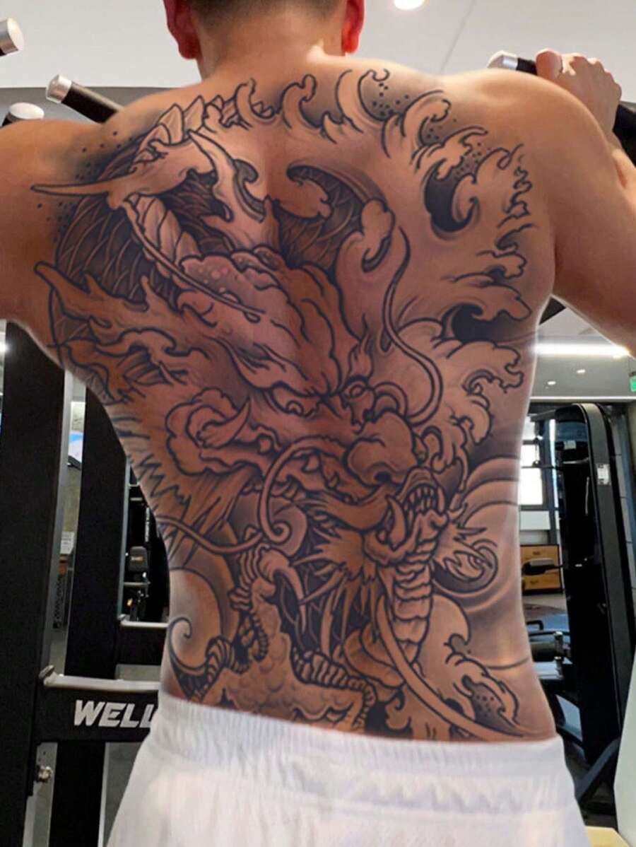 1片三爪藍龍全背紋身貼紙,防水且持久可達1至2週,防反光,適合男女使用 - 黑色 - 查看 1