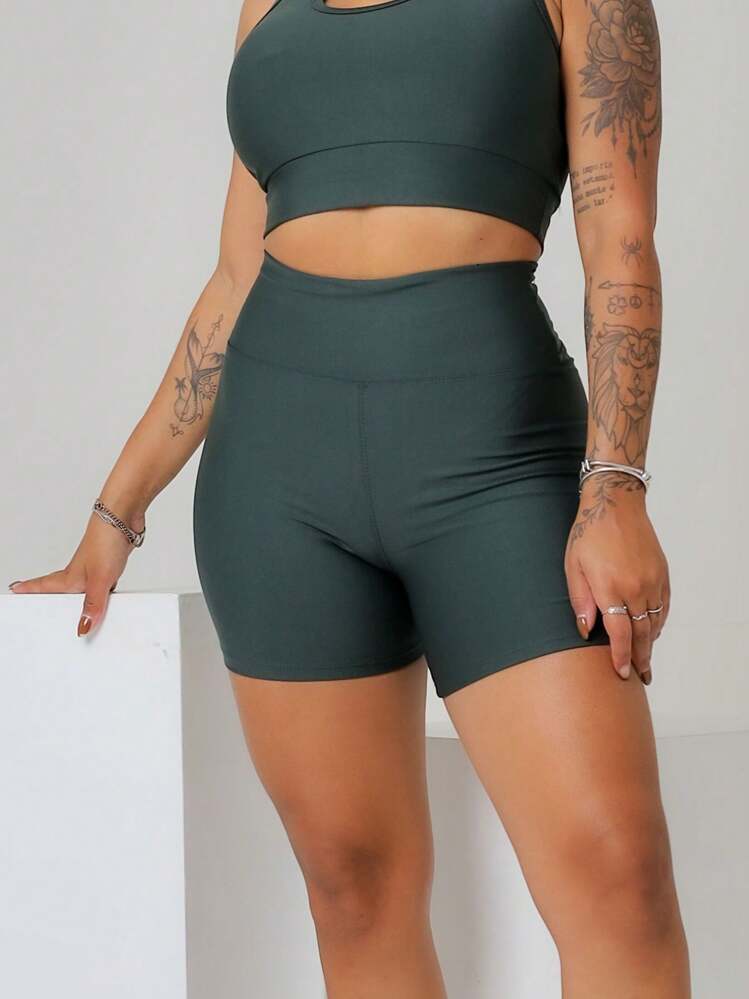 SHORTS LEGGING MEIA COXA BÁSICO PLUS SIZE CINTURA ALTA FEMININO - Verde Militar - Visão 1