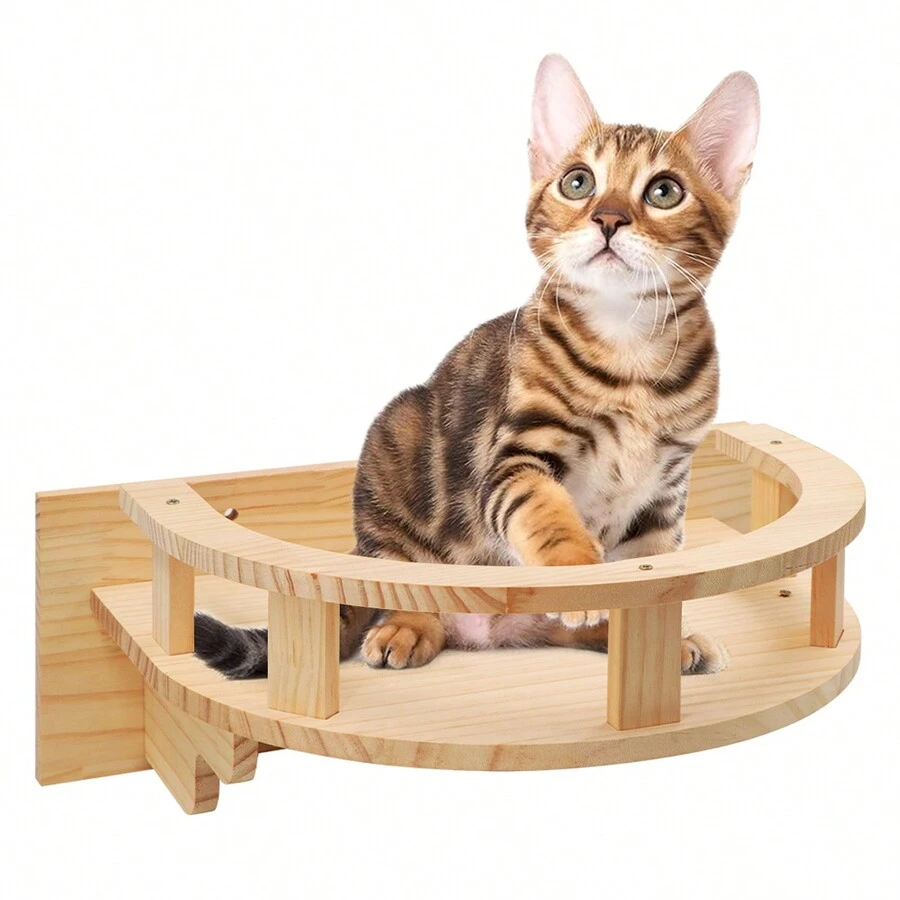 1pc Wall Mounted Cat Furniture, Solid Wood Cat Perch For Playing, Climbing And Sleeping, Stable Cat Shelf, Easy To Assemble, Supports Up To 12kg (26lb) - Apricot - View 1