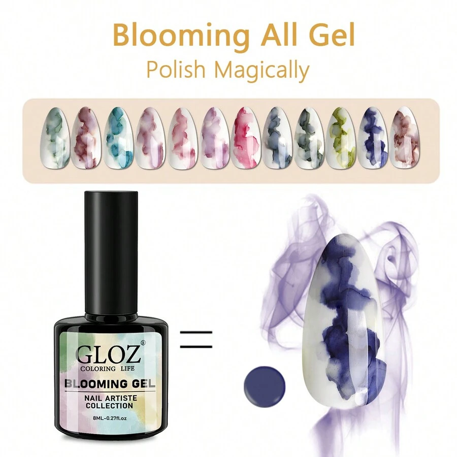 Gloz 12 色綻放凝膠指甲油,藍色凝膠拋光劑,具有塗抹效果水墨畫水彩浸泡指甲凝膠 Diy 美甲藝術設計女士聖誕禮物 - 寶藍色 - 查看 1